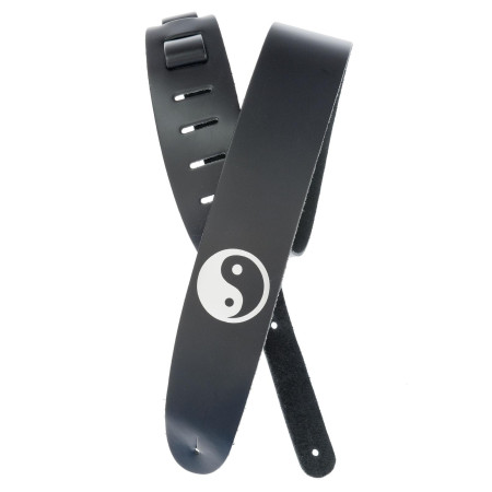D'Addario Classic bőrpánt fekete 6,3cm széles szitanyomott ezüst yin yang mintával